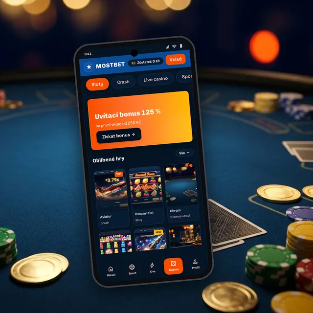 Mostbet aplikace v ruce, lobby kasina na displeji